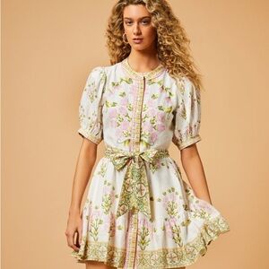 A Loves A Floral Printed Bubble Sleeve Button Front Mini Dress: M